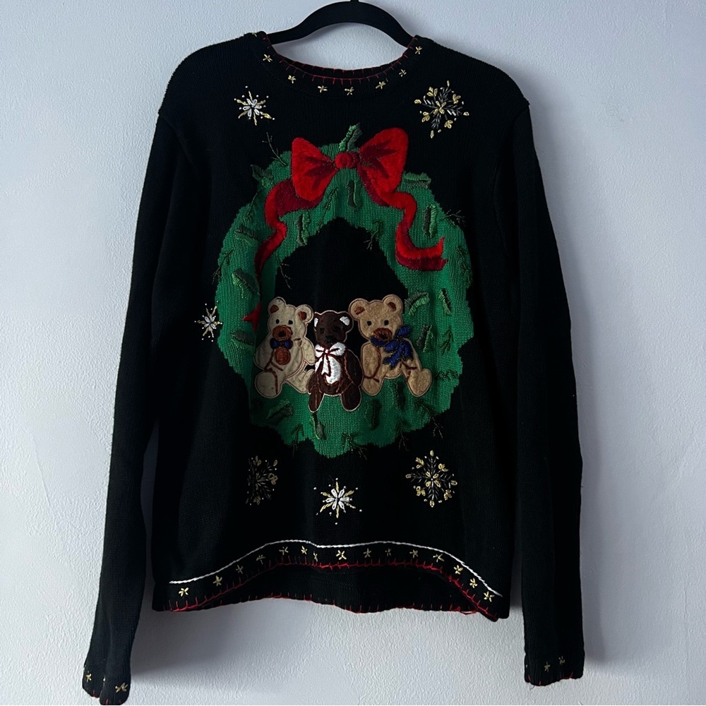 Vintage Holiday Teddy Bear Festive Christmas Sweater Large